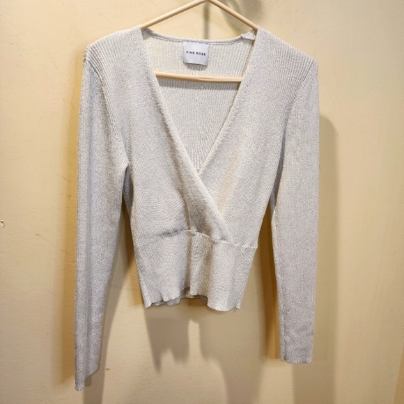 Pink Rose Gray Silver Glitter Long Steeves V Neck Wrap top size L - Picture 1 of 13